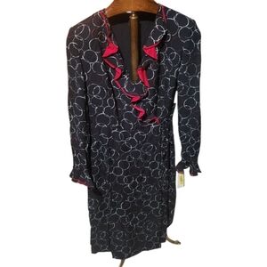 Due Per Due Veste Navy Blue Ruffled Silk Wrap Midi Dress Cap Sleeve Size 10